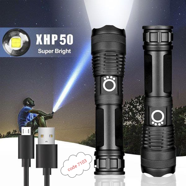 Rechargeable Waterproof Zoom LED Flashlight USB Torch Light code 7103