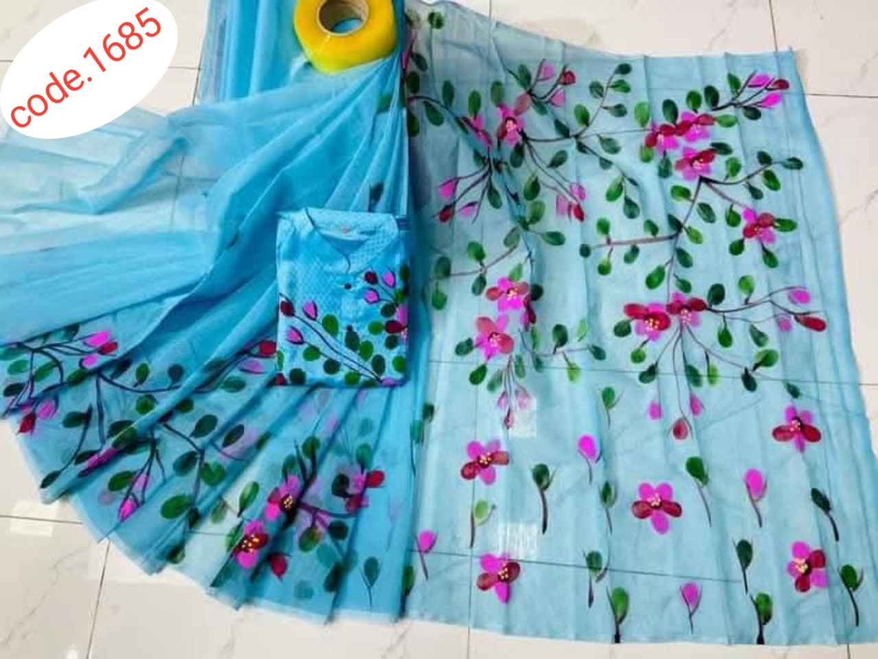 Hand Print saree with Punjabi couple set code 1685
