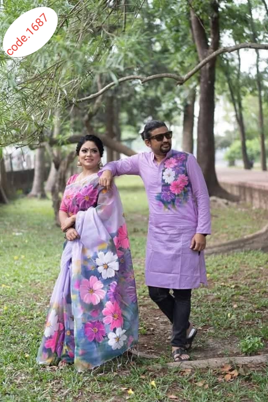 Hand Print saree with Punjabi couple set code 1687