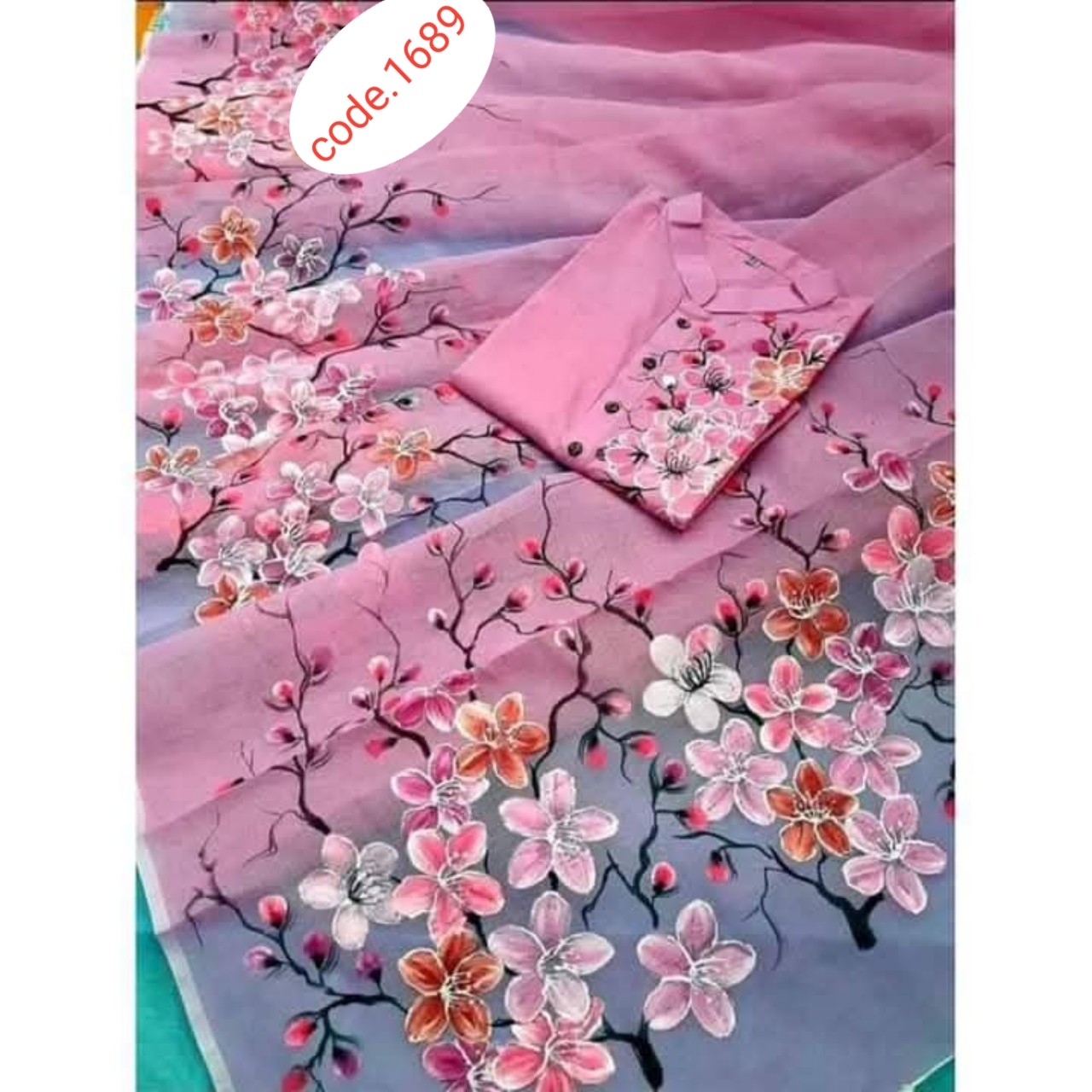 Hand Print saree with Punjabi couple set code 1689