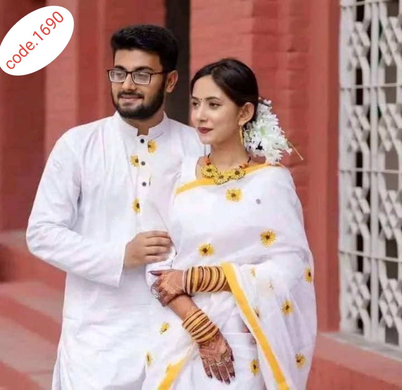 Hand Print saree with Punjabi couple set code 1690