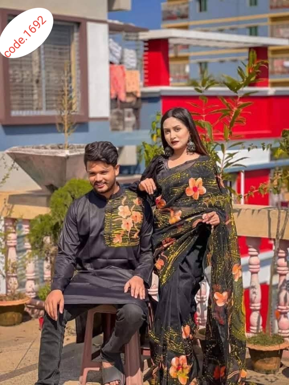 Hand Print saree with Punjabi couple set code 1692