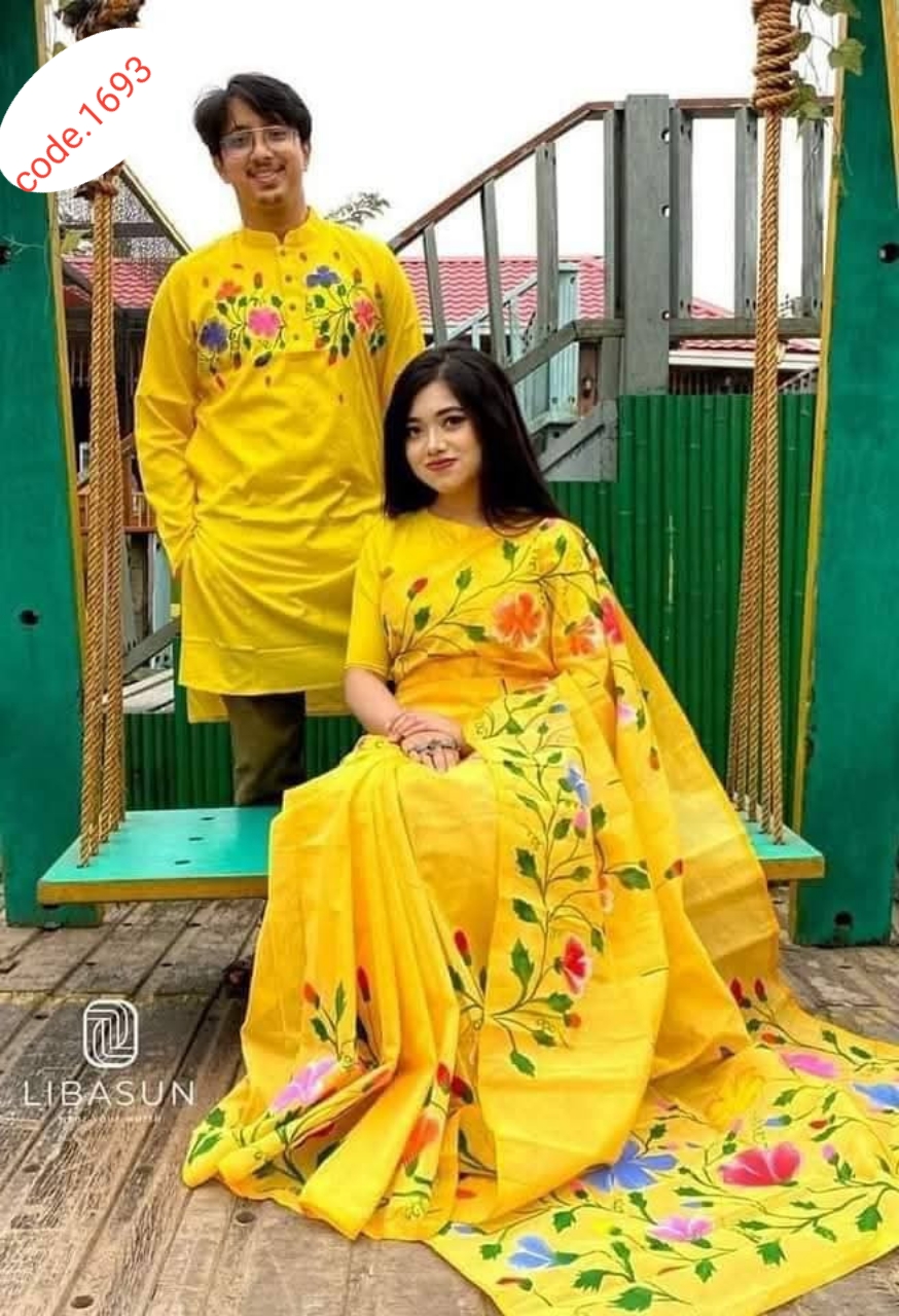 Hand Print saree with Punjabi couple set code 1693