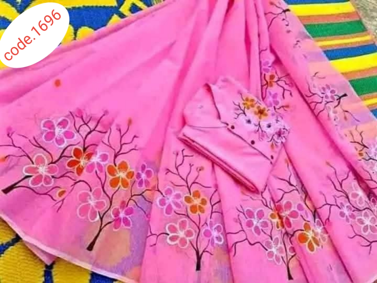 Hand Print saree with Punjabi couple set code 1696