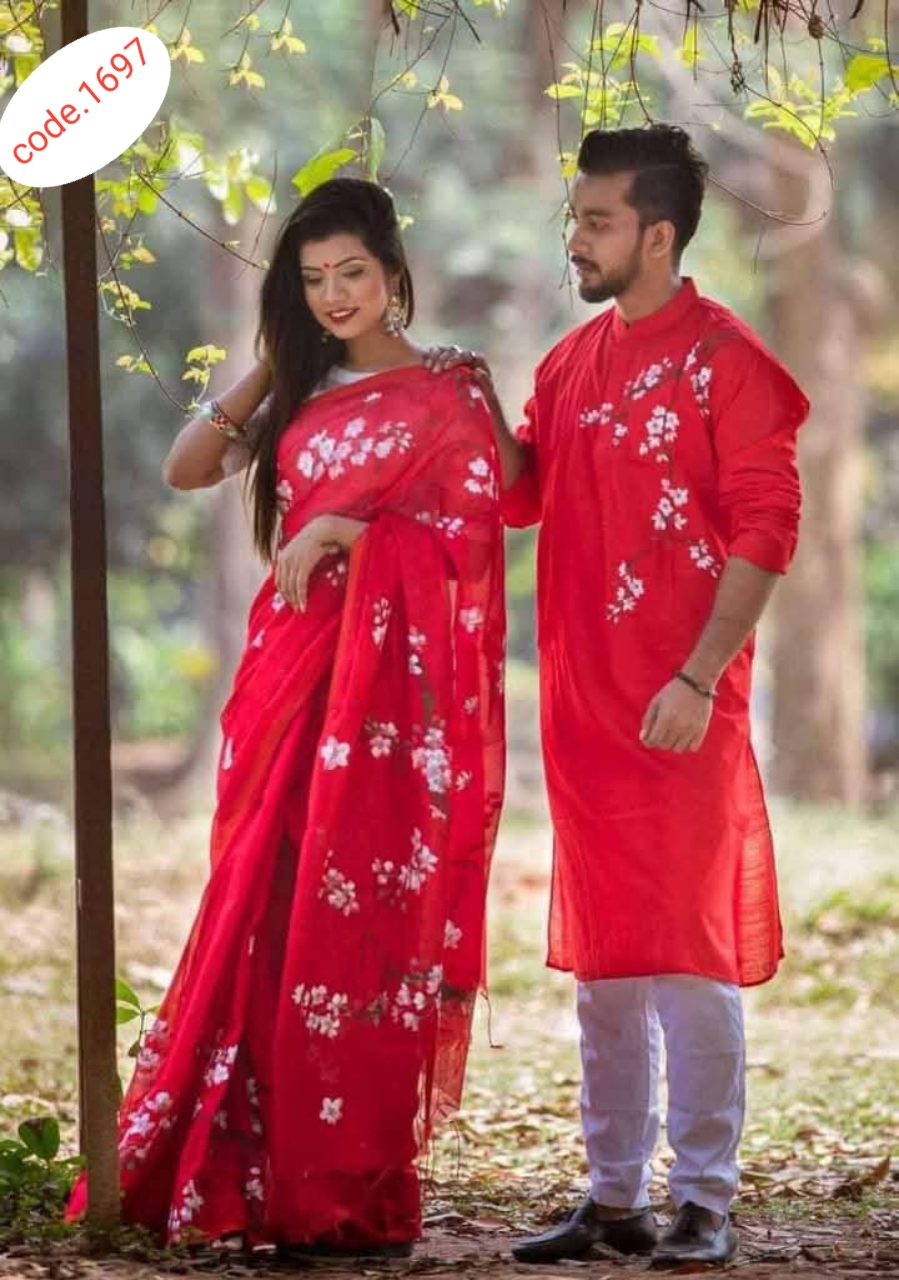 Hand Print saree with Punjabi couple set code 1697