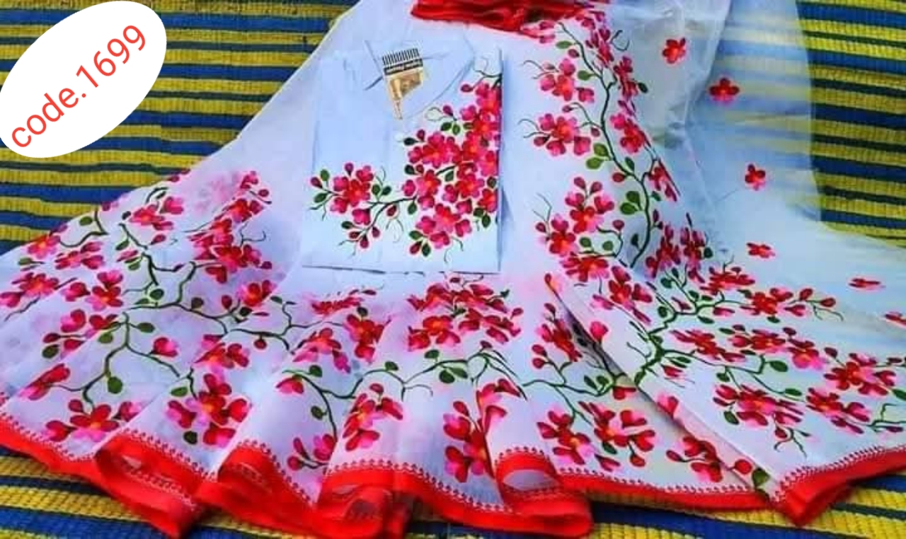 Hand Print saree with Punjabi couple set code 1699