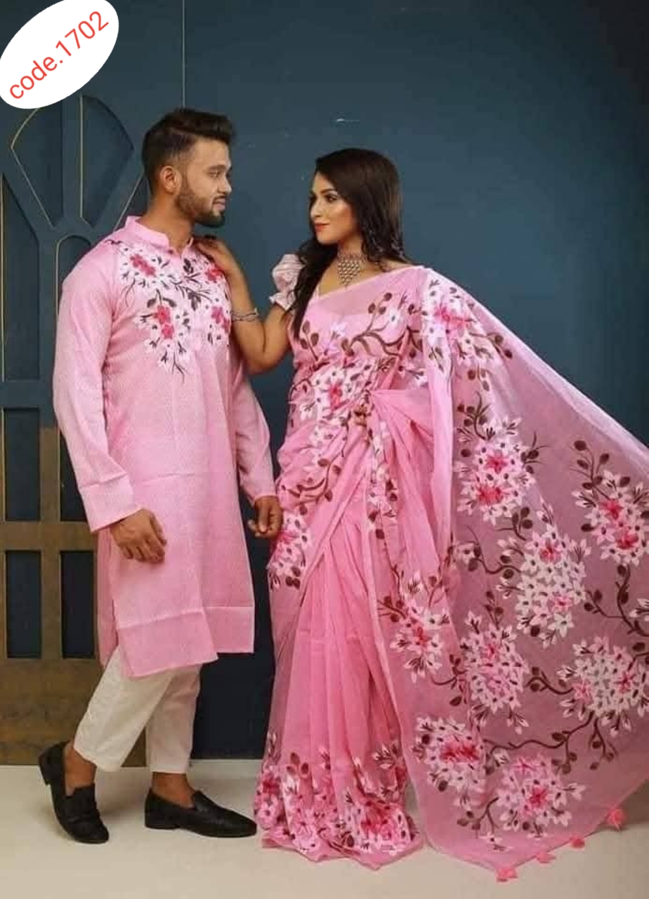 Hand Print saree with Punjabi couple set code 1702