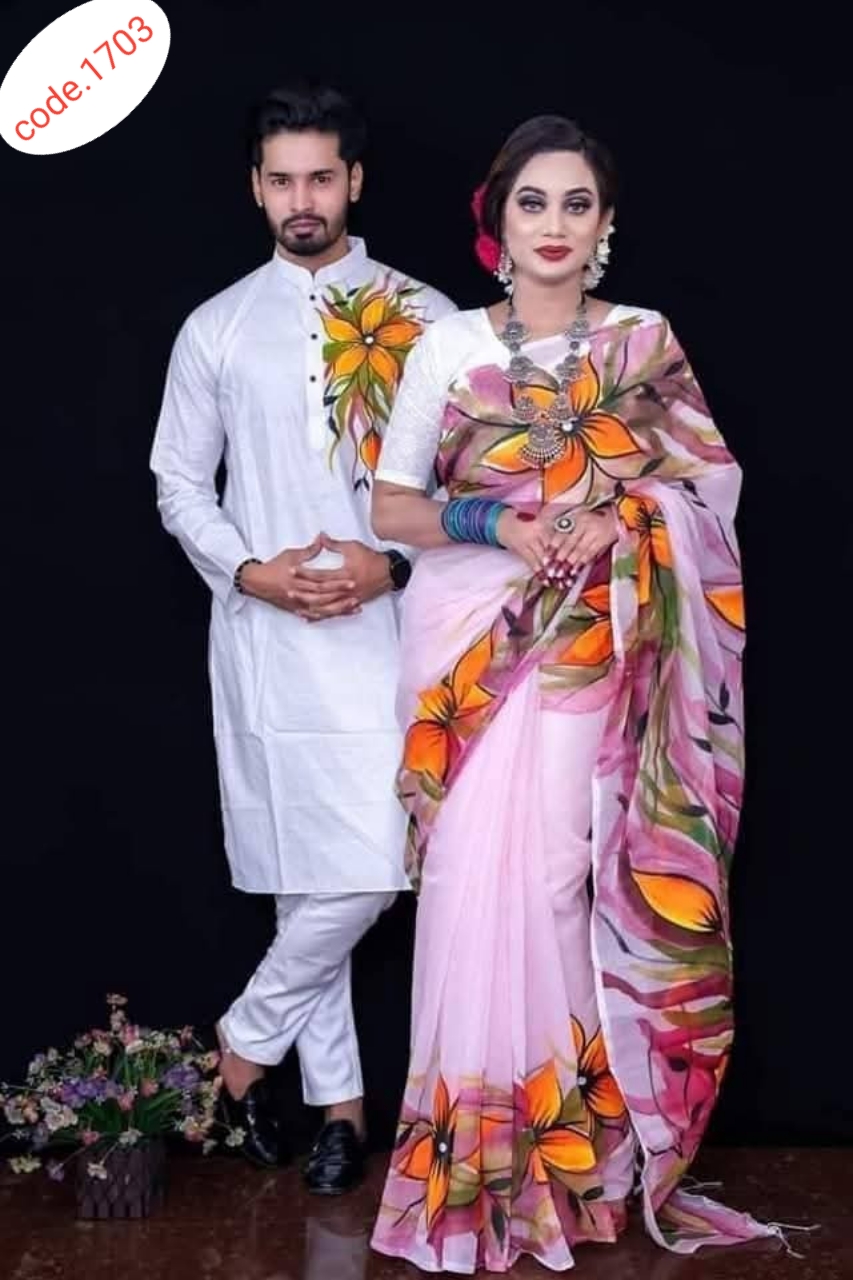 Hand Print saree with Punjabi couple set code 1703