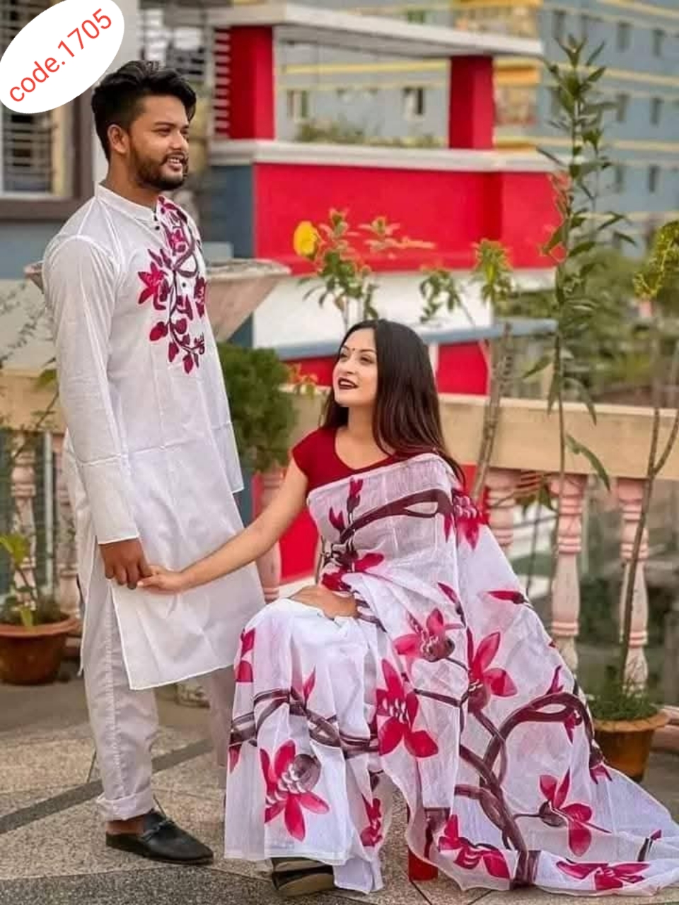 Hand Print saree with Punjabi couple set code 1705