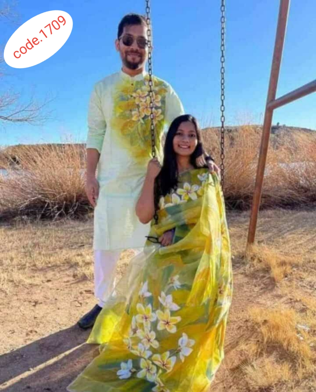 Hand Print saree with Punjabi couple set code 1709