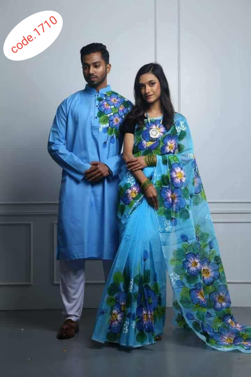 Hand Print saree with Punjabi couple set code 1710