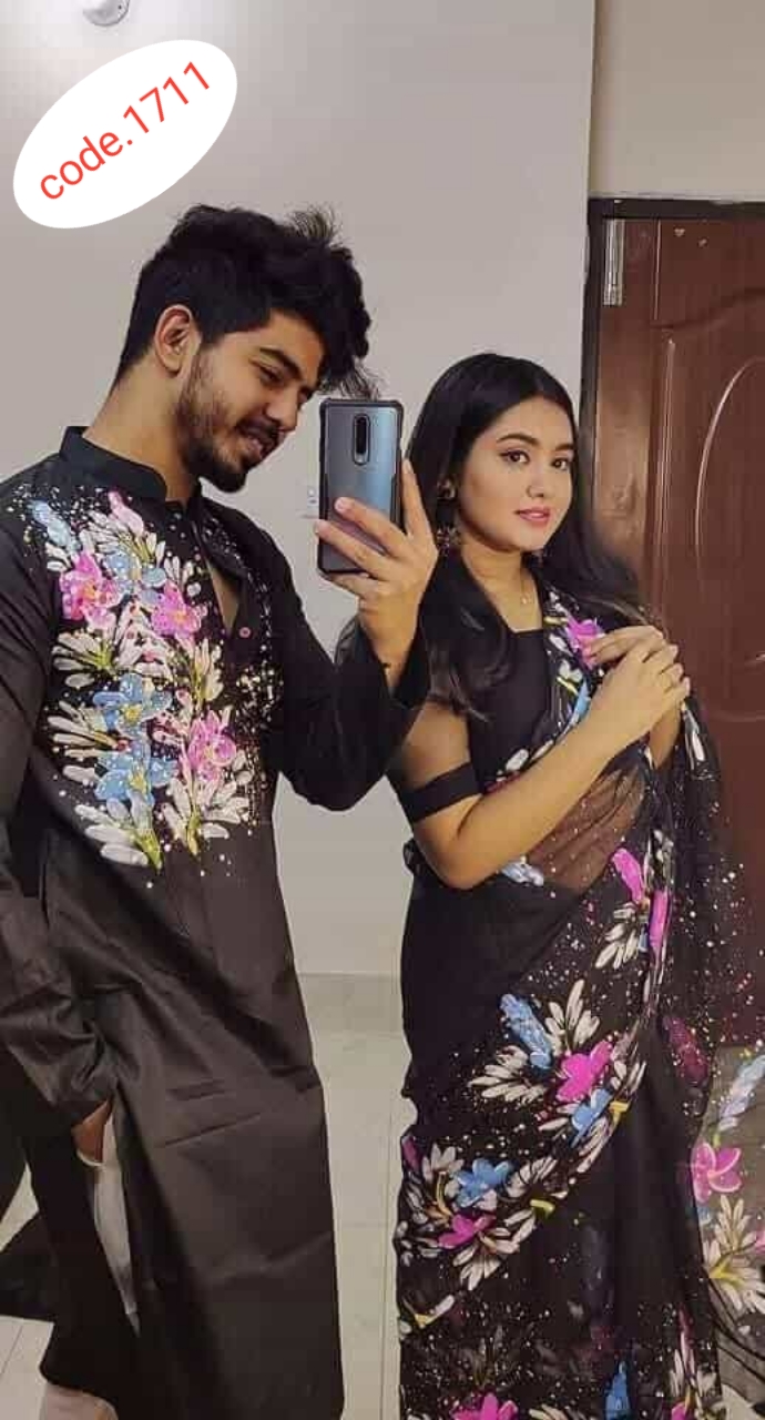 Hand Print saree with Punjabi couple set code 1711