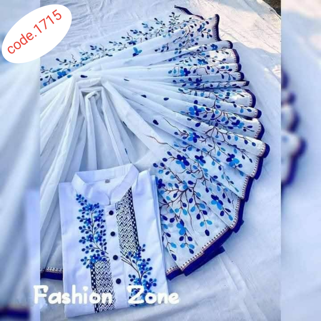 Hand Print saree with Punjabi couple set code 1715