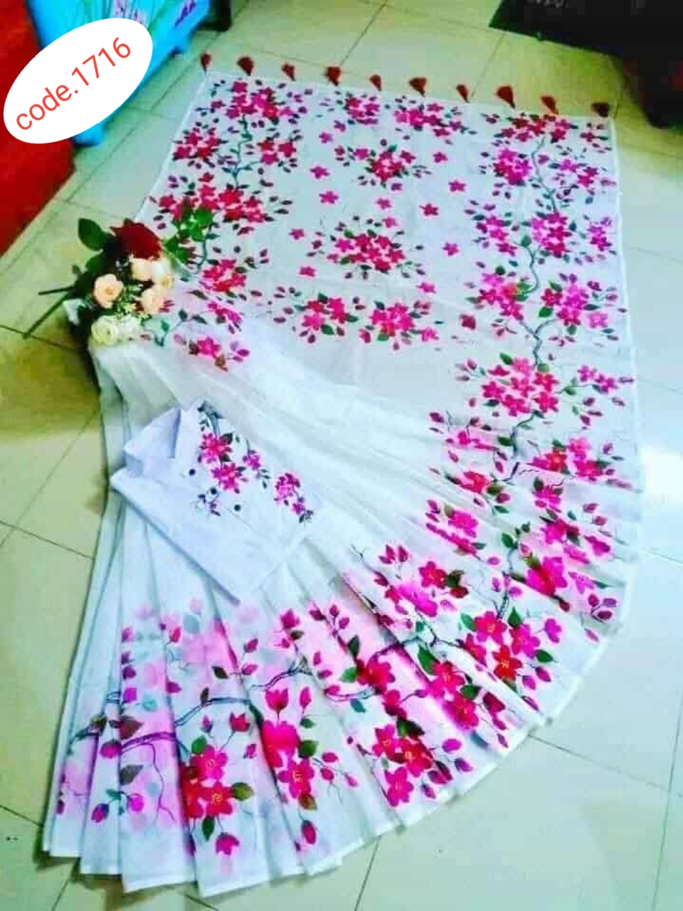 Hand Print saree with Punjabi couple set code 1716