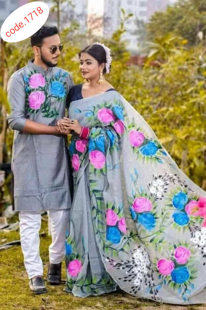 Hand Print saree with Punjabi couple set code 1718