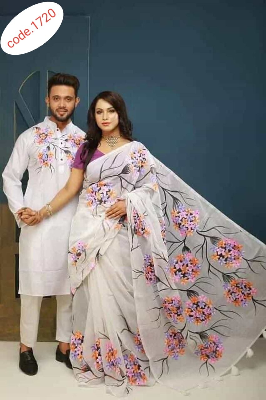 Hand Print saree with Punjabi couple set code 1720