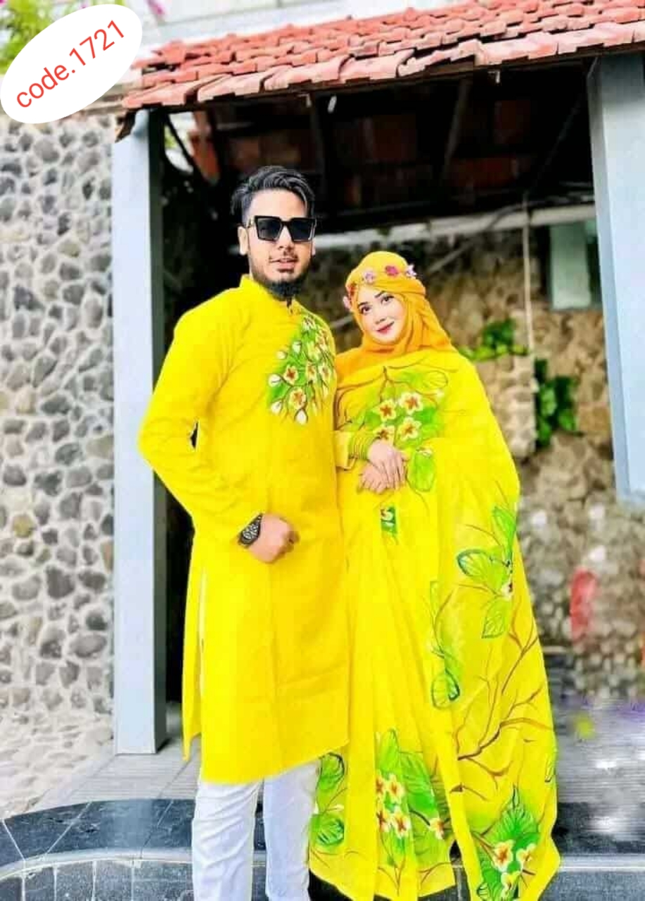 Hand Print saree with Punjabi couple set code 1721