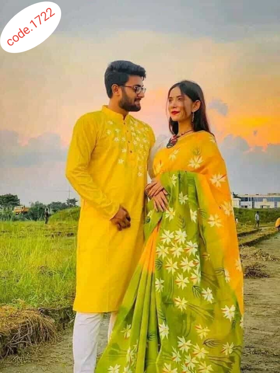 Hand Print saree with Punjabi couple set code 1722