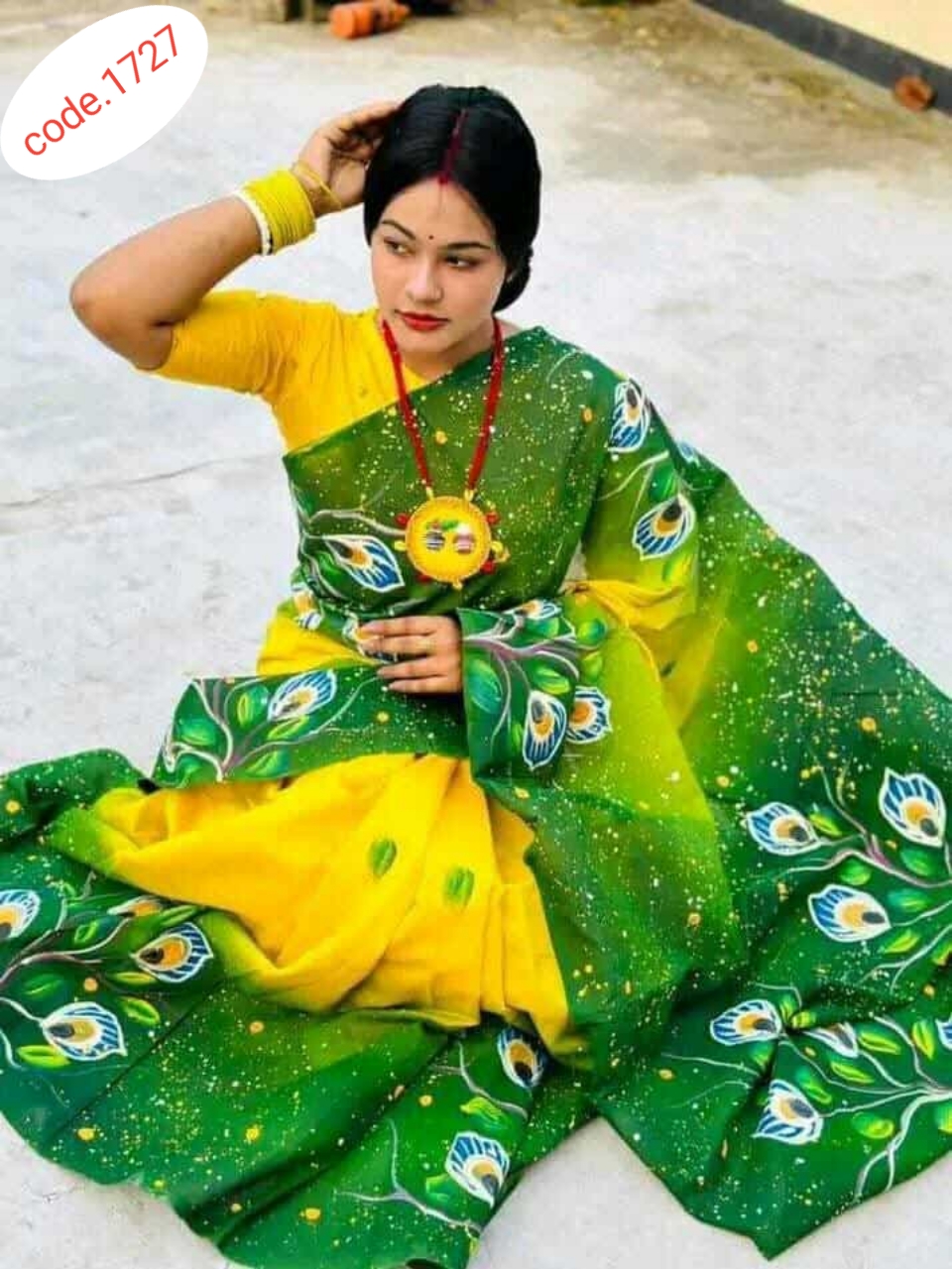 Hand Print saree with Punjabi couple set code 1727