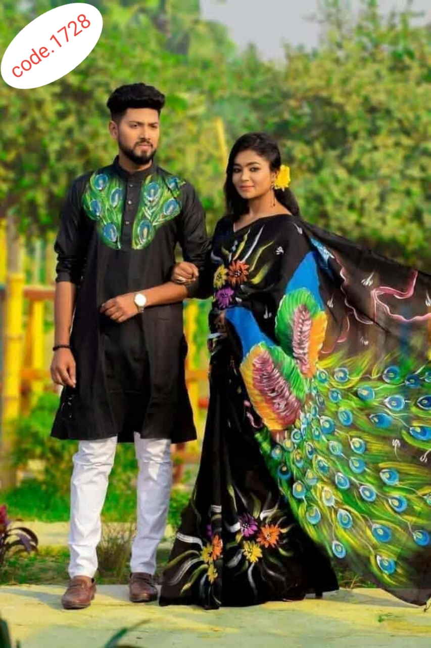 Hand Print saree with Punjabi couple set code 1728
