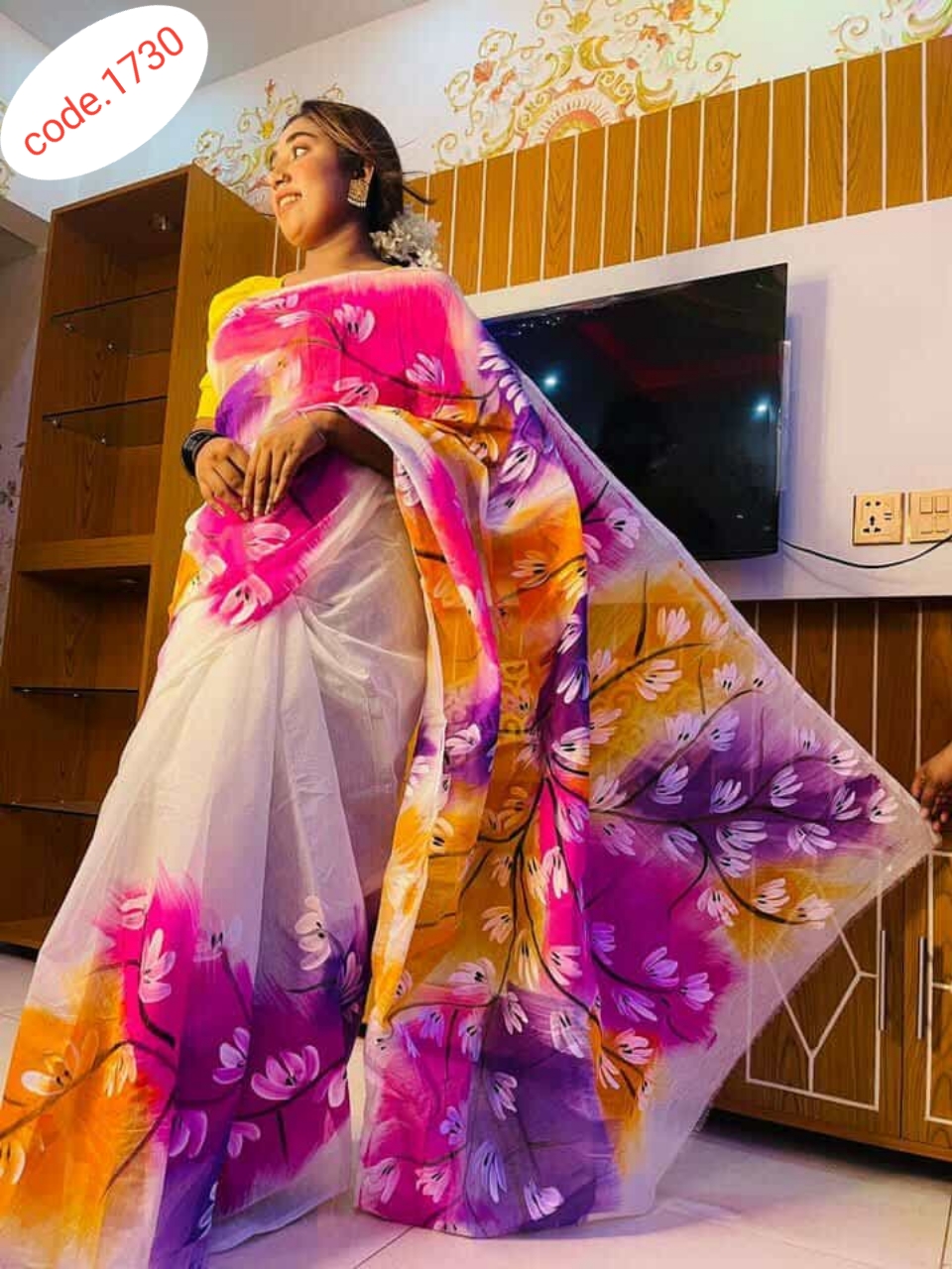 Hand Print saree with Punjabi couple set code 1730