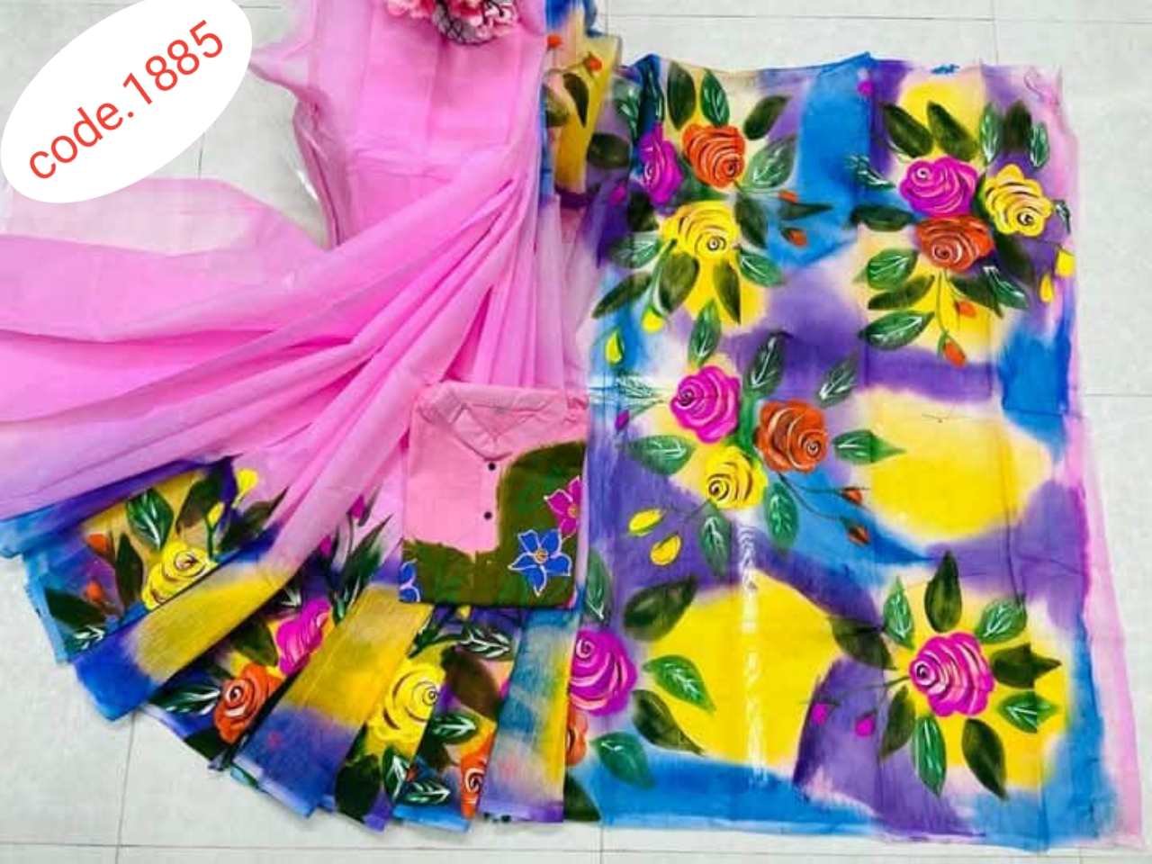 Hand Print saree with Punjabi couple set code 1885