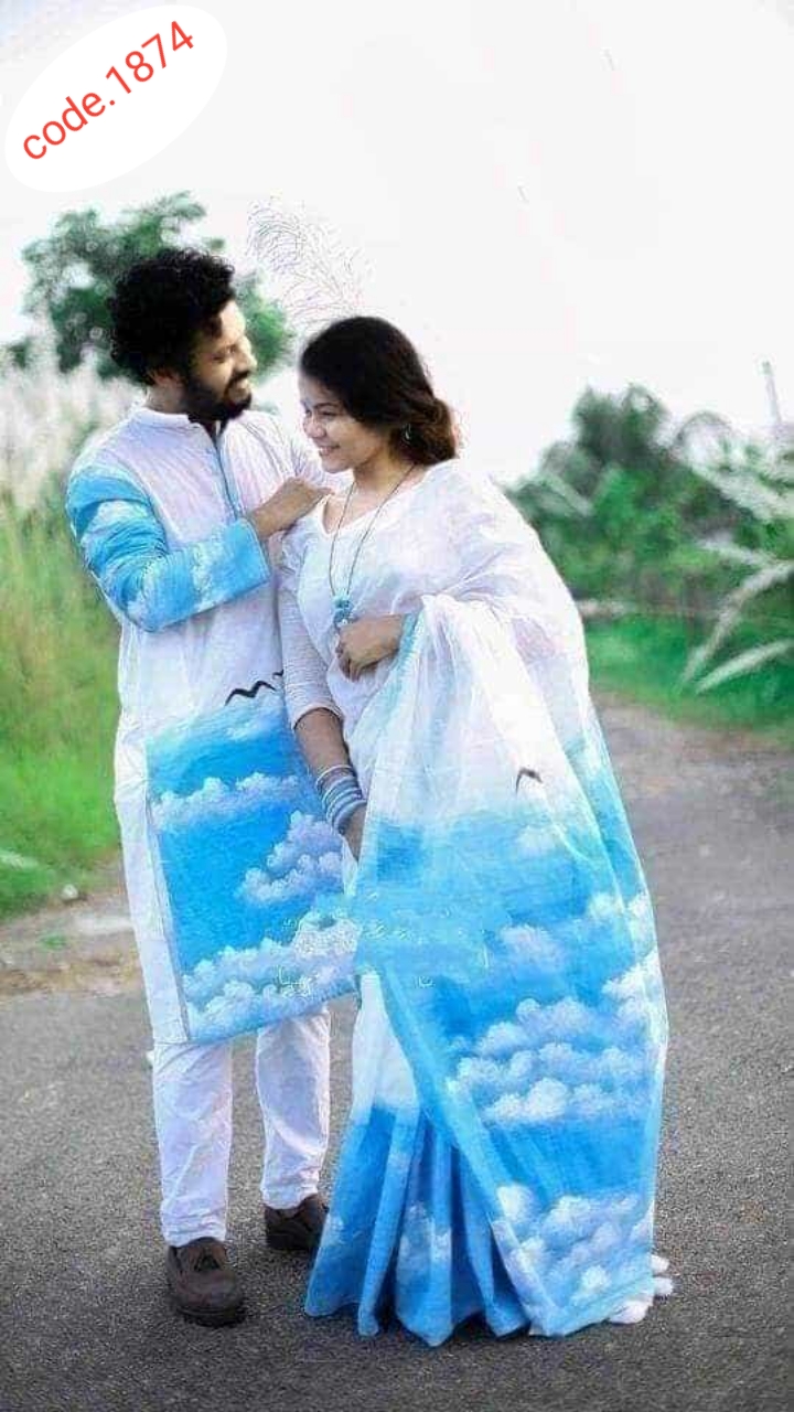 Hand Print saree with Punjabi couple set code 1874