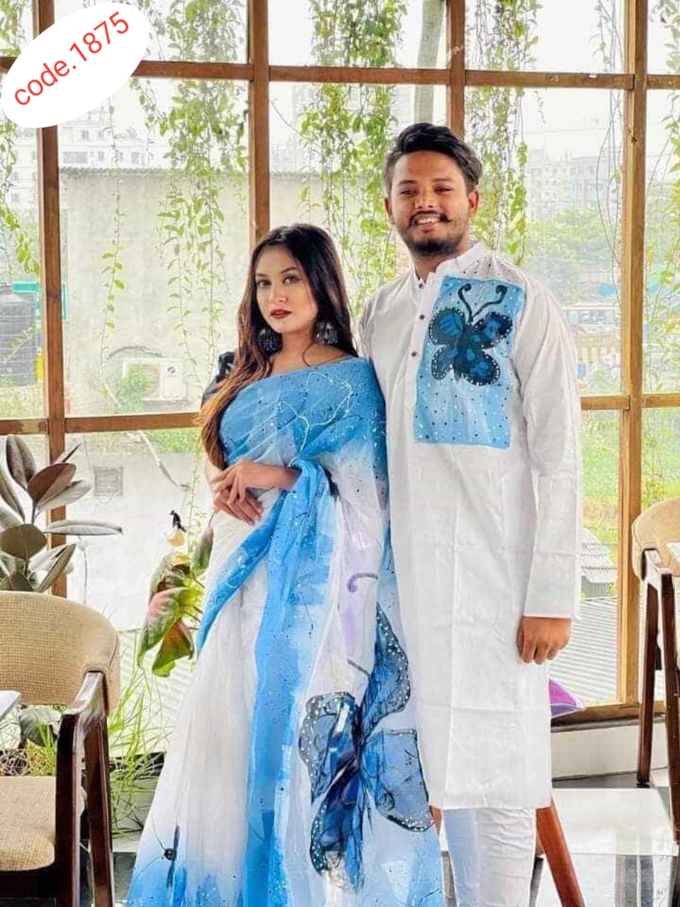 Hand Print saree with Punjabi couple set code 1875