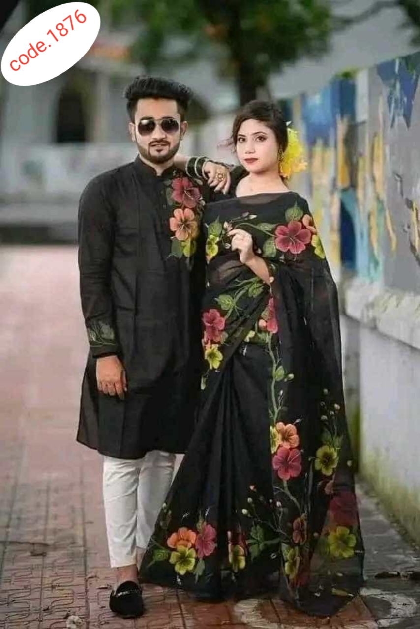 Hand Print saree with Punjabi couple set code 1876