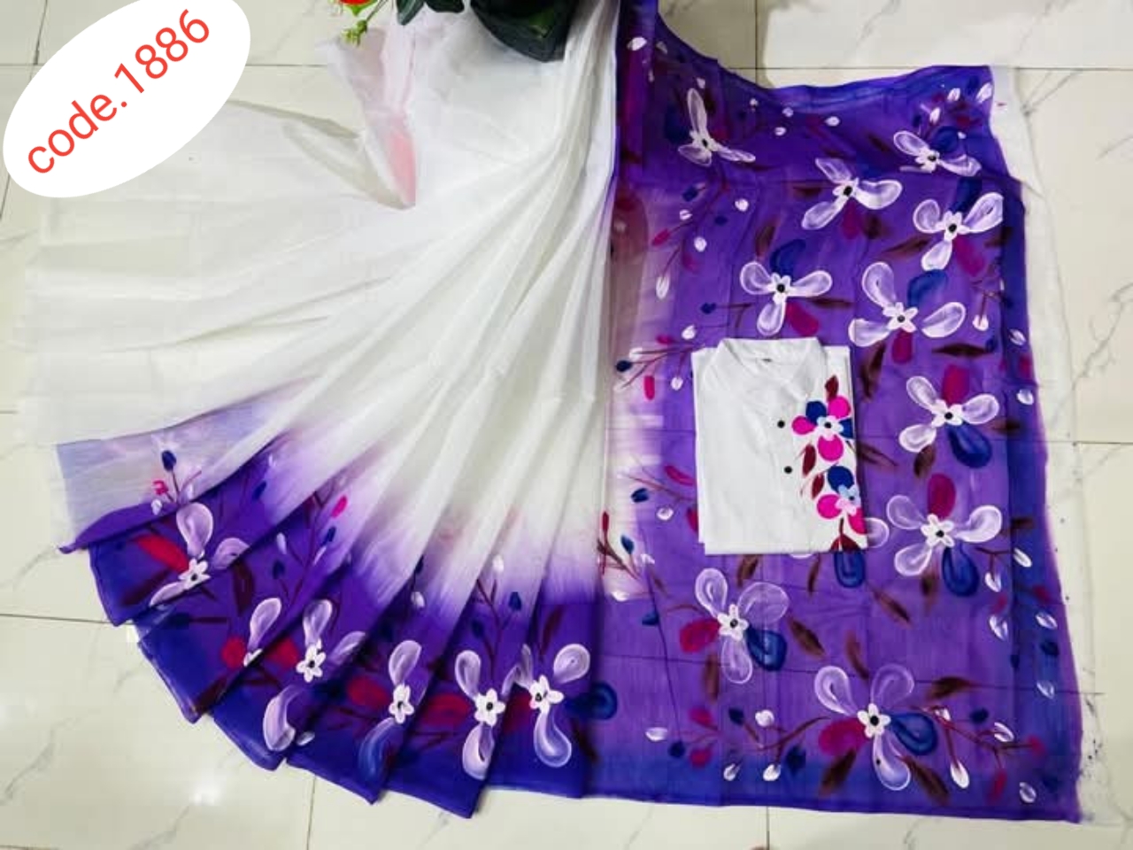 Hand Print saree with Punjabi couple set code 1886