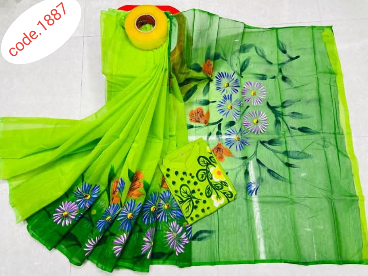 Hand Print saree with Punjabi couple set code 1887