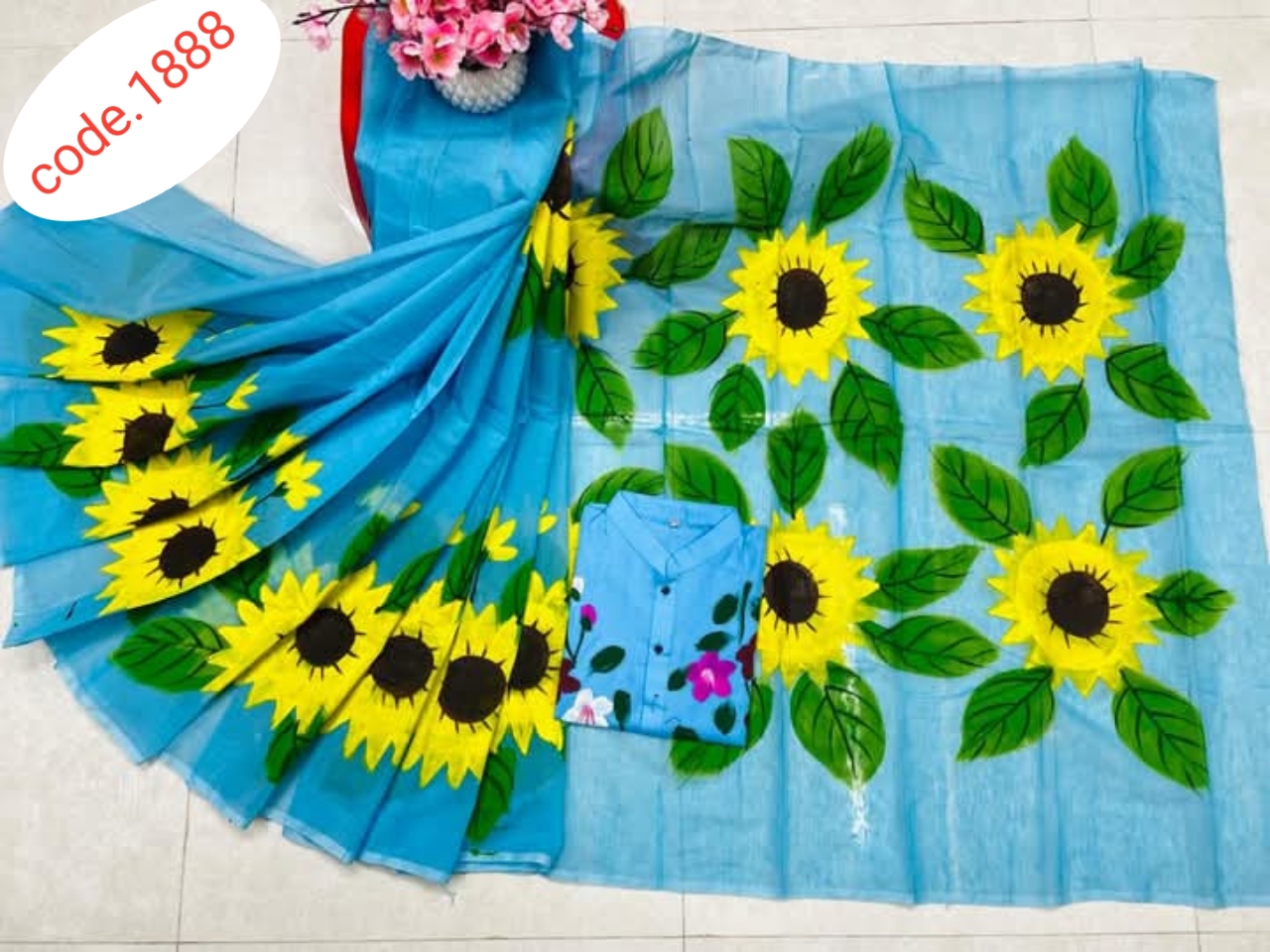 Hand Print saree with Punjabi couple set code 1888