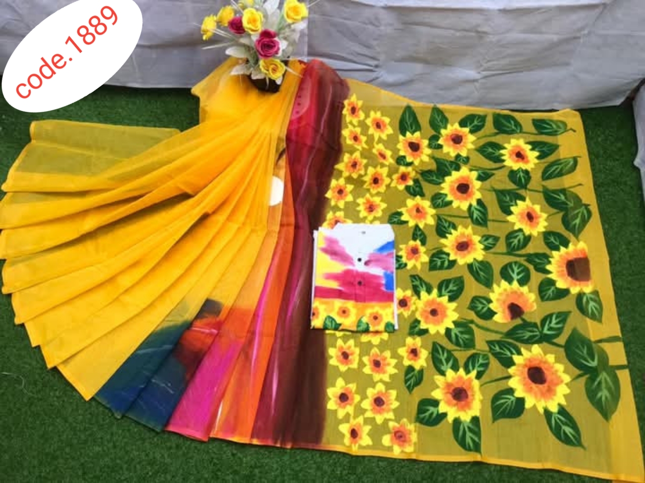 Hand Print saree with Punjabi couple set code 1889