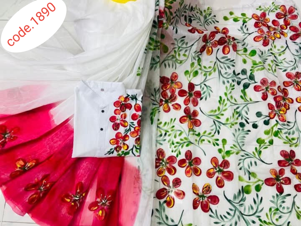 Hand Print saree with Punjabi couple set code 1890