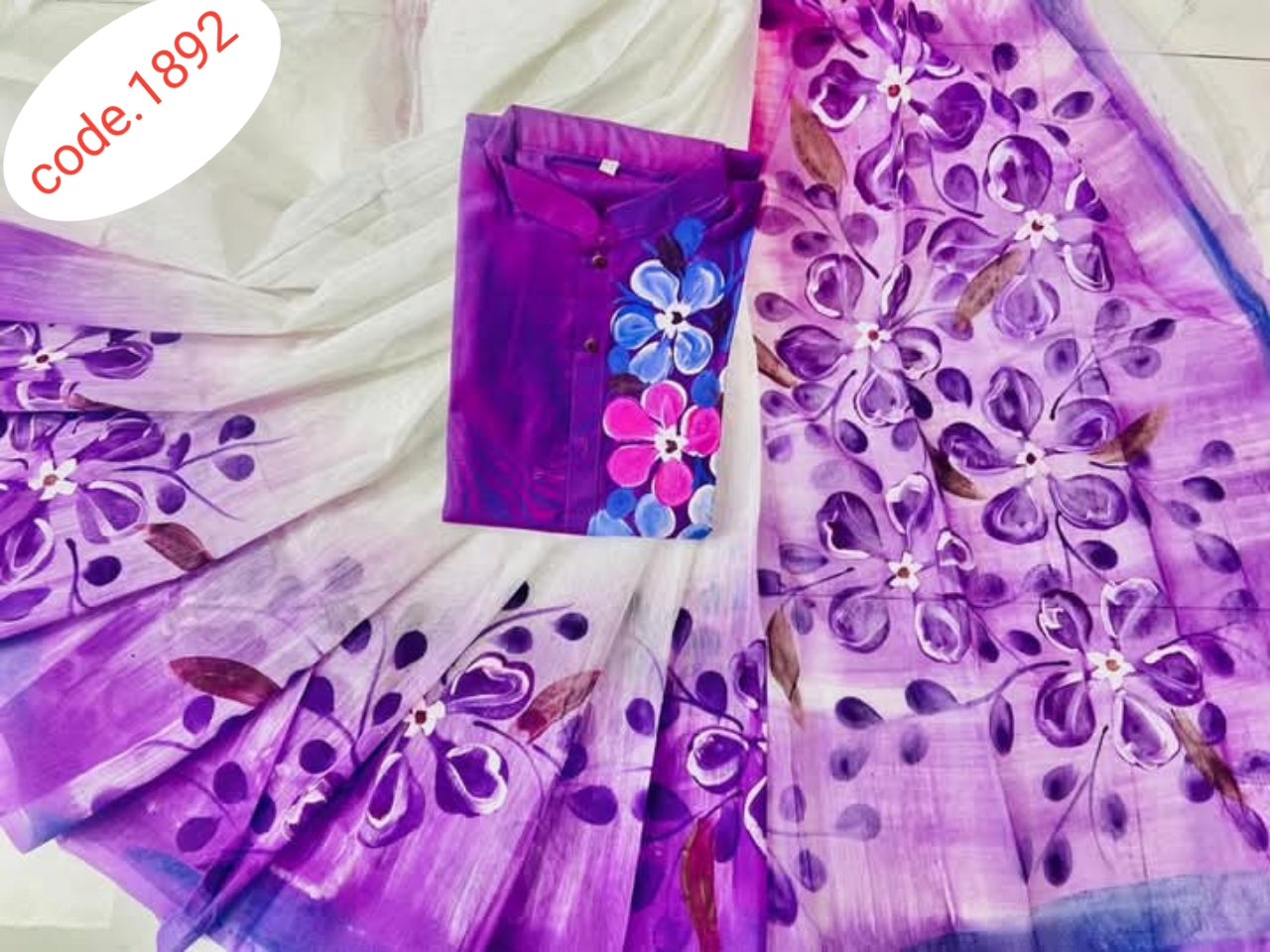 Hand Print saree with Punjabi couple set code 1892
