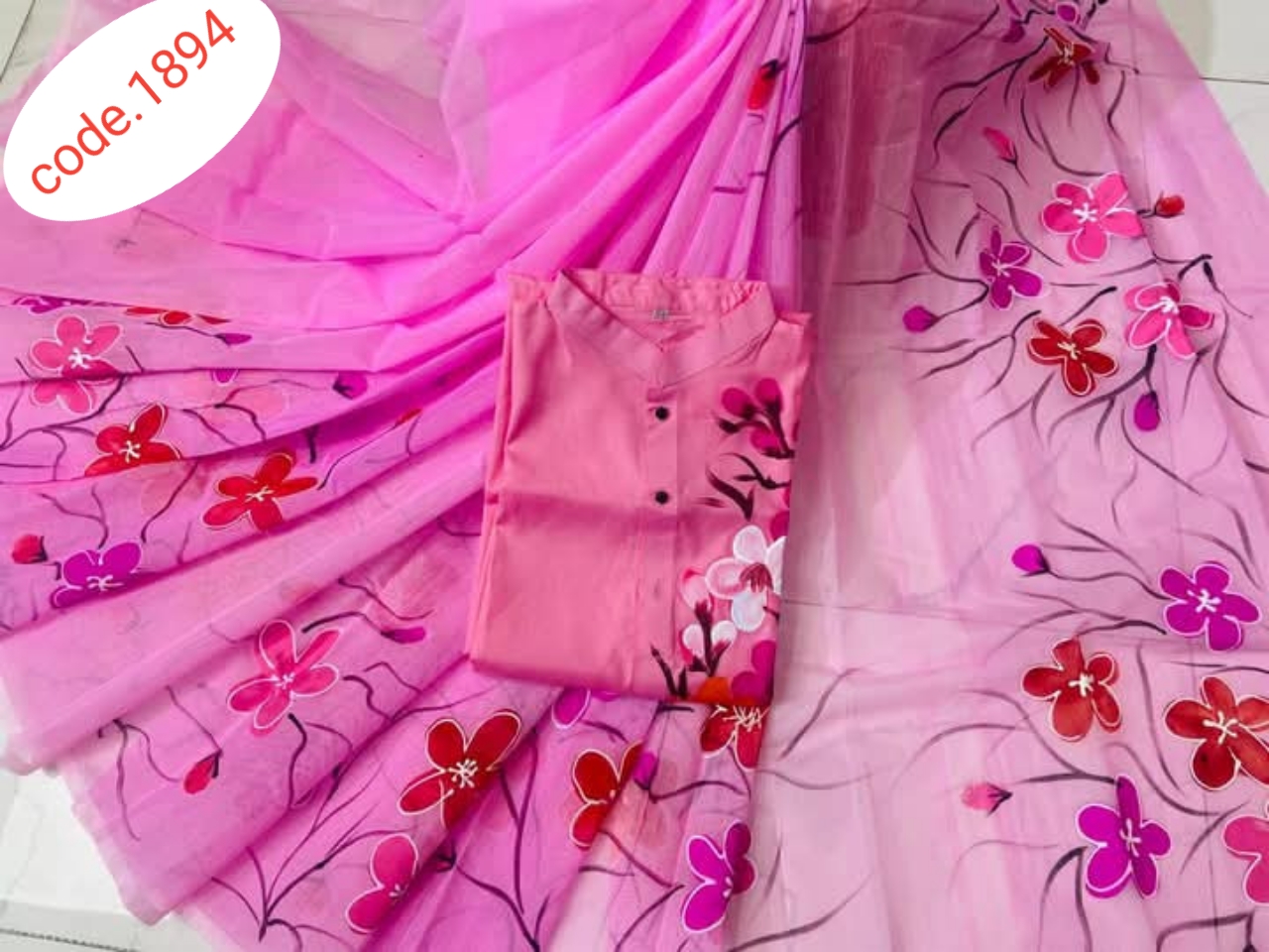 Hand Print saree with Punjabi couple set code 1894