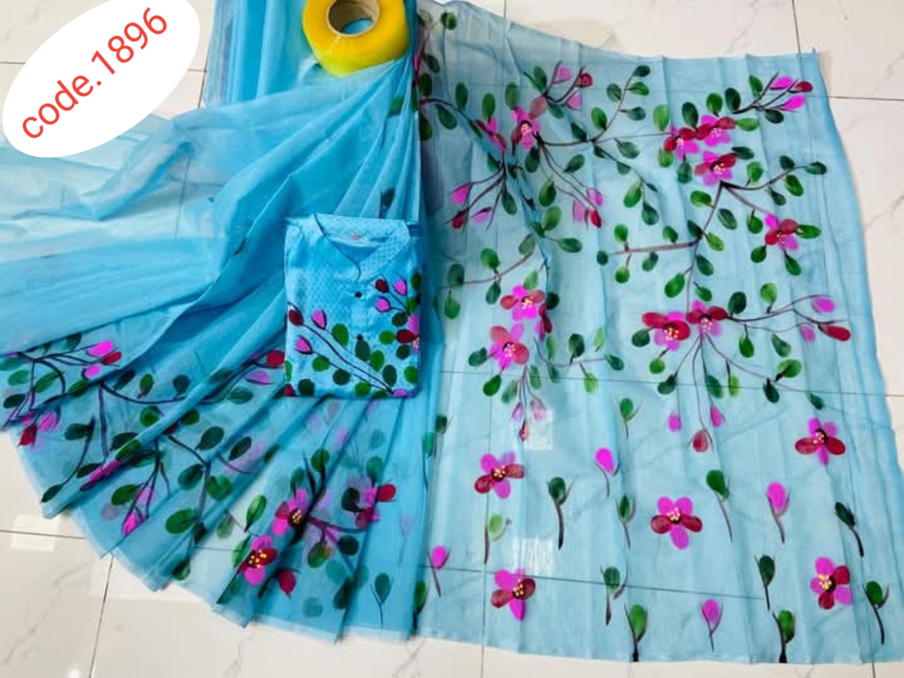 Hand Print saree with Punjabi couple set code 1896
