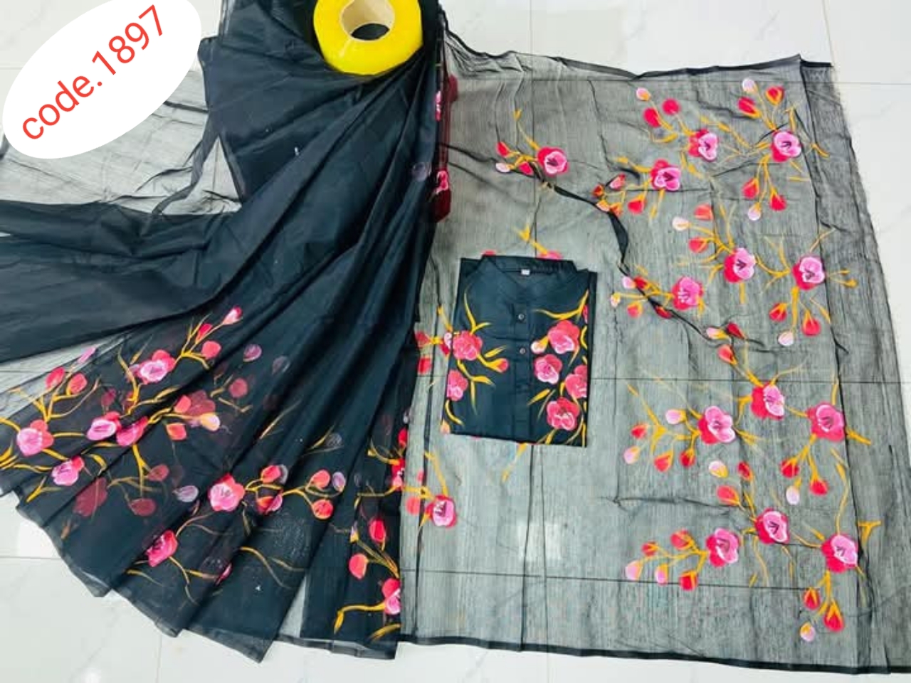 Hand Print saree with Punjabi couple set code 1897