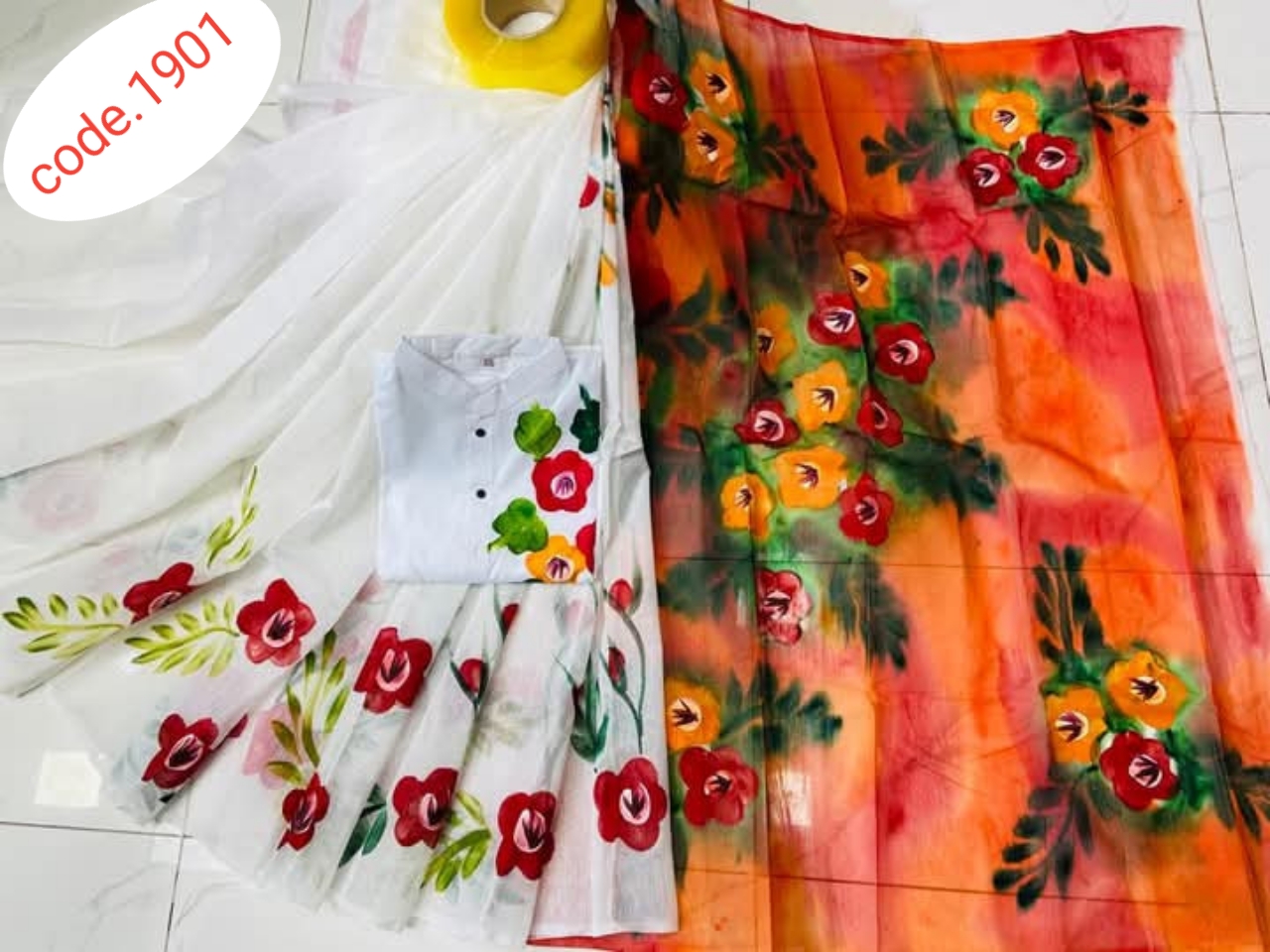 Hand Print saree with Punjabi couple set code 1901