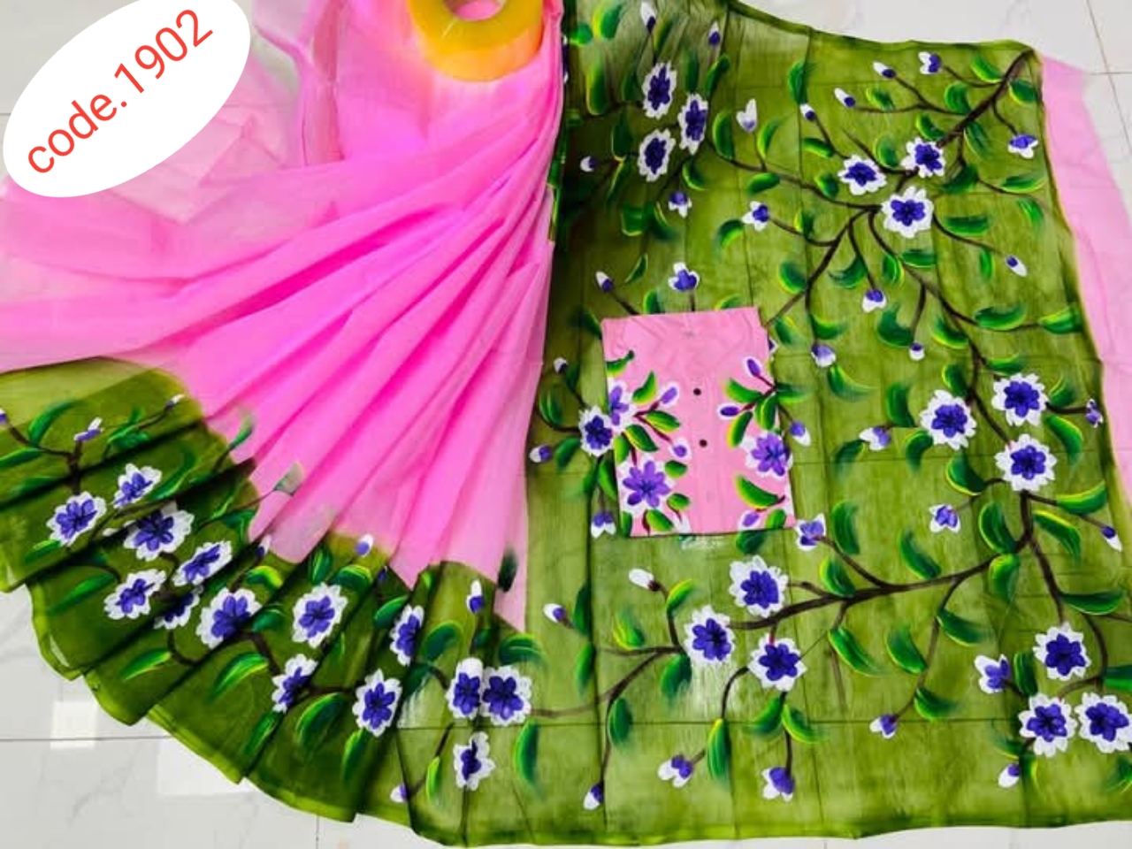 Hand Print saree with Punjabi couple set code 1902