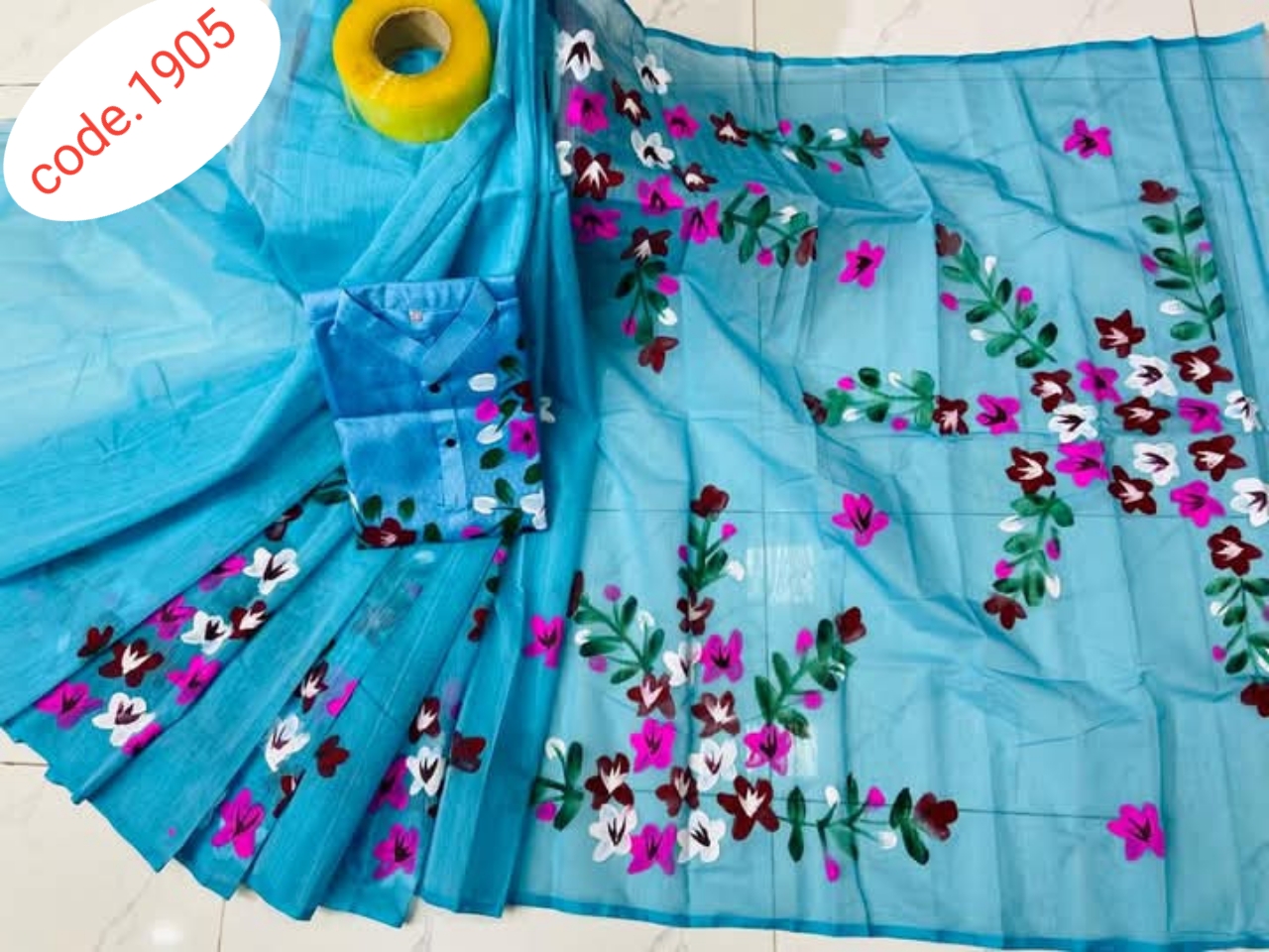 Hand Print saree with Punjabi couple set code 1905