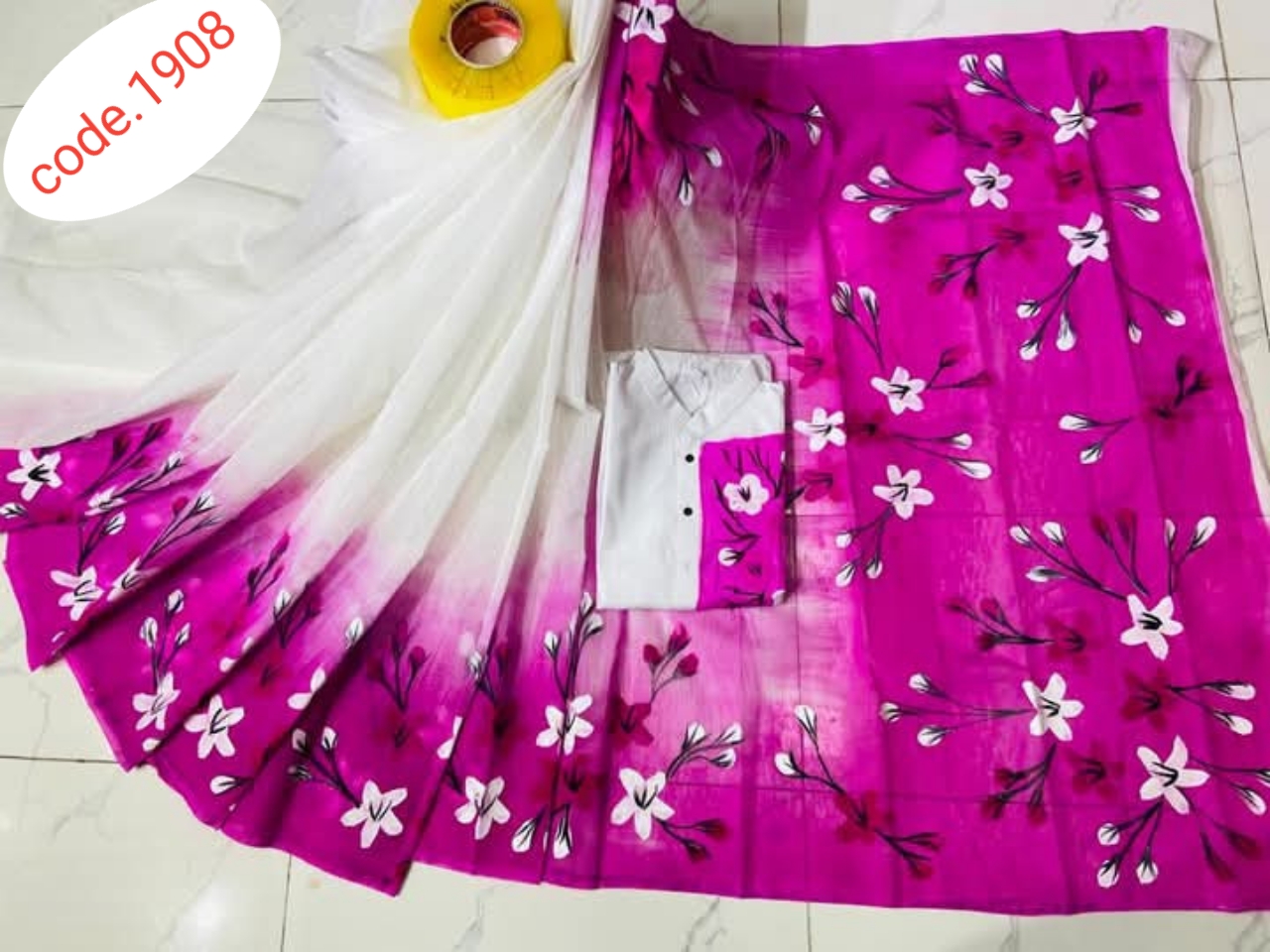 Hand Print saree with Punjabi couple set code 1908