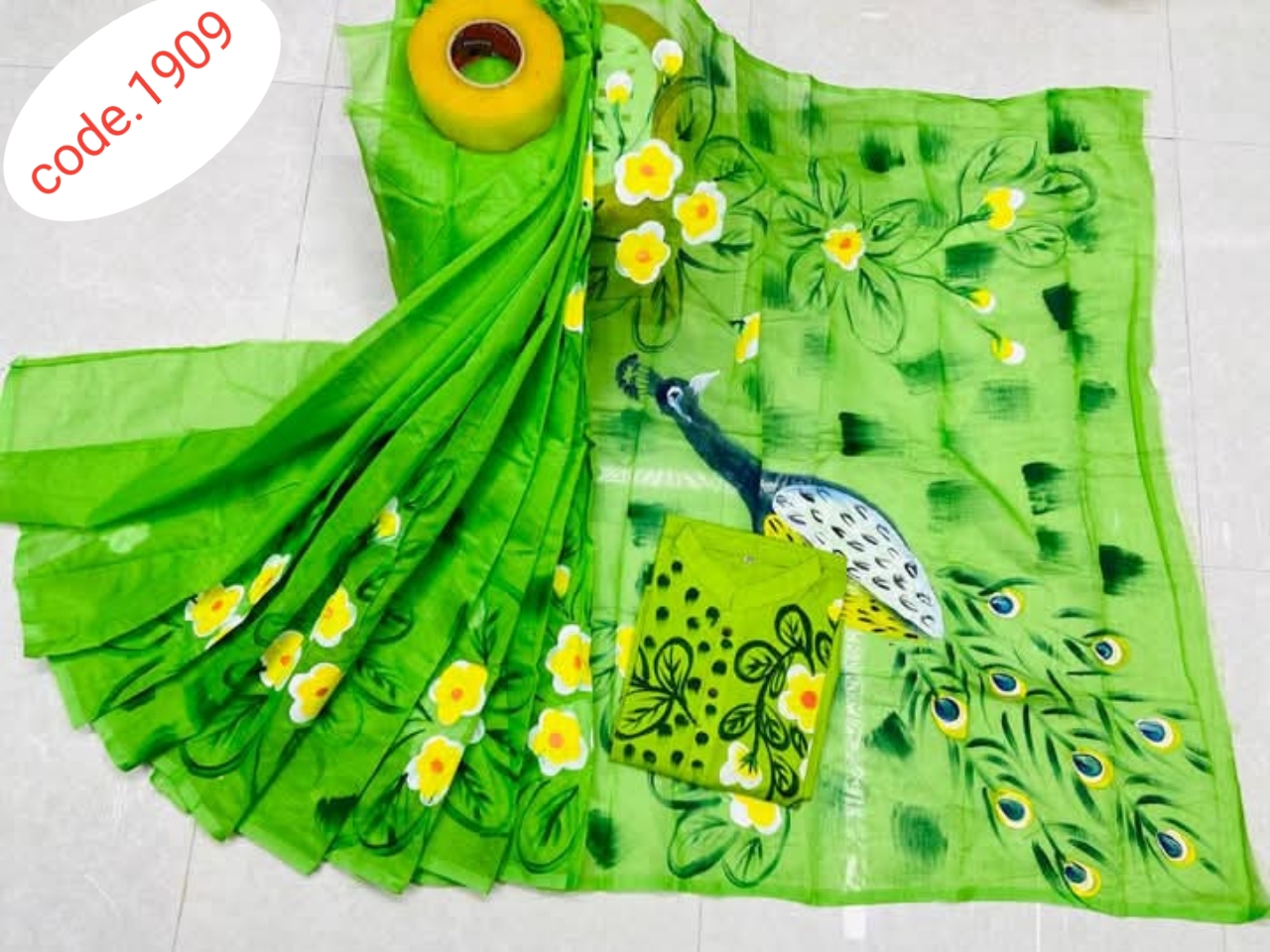 Hand Print saree with Punjabi couple set code 1909