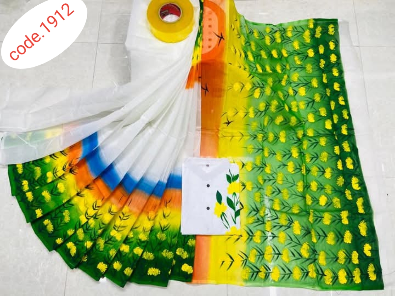 Hand Print saree with Punjabi couple set code 1912