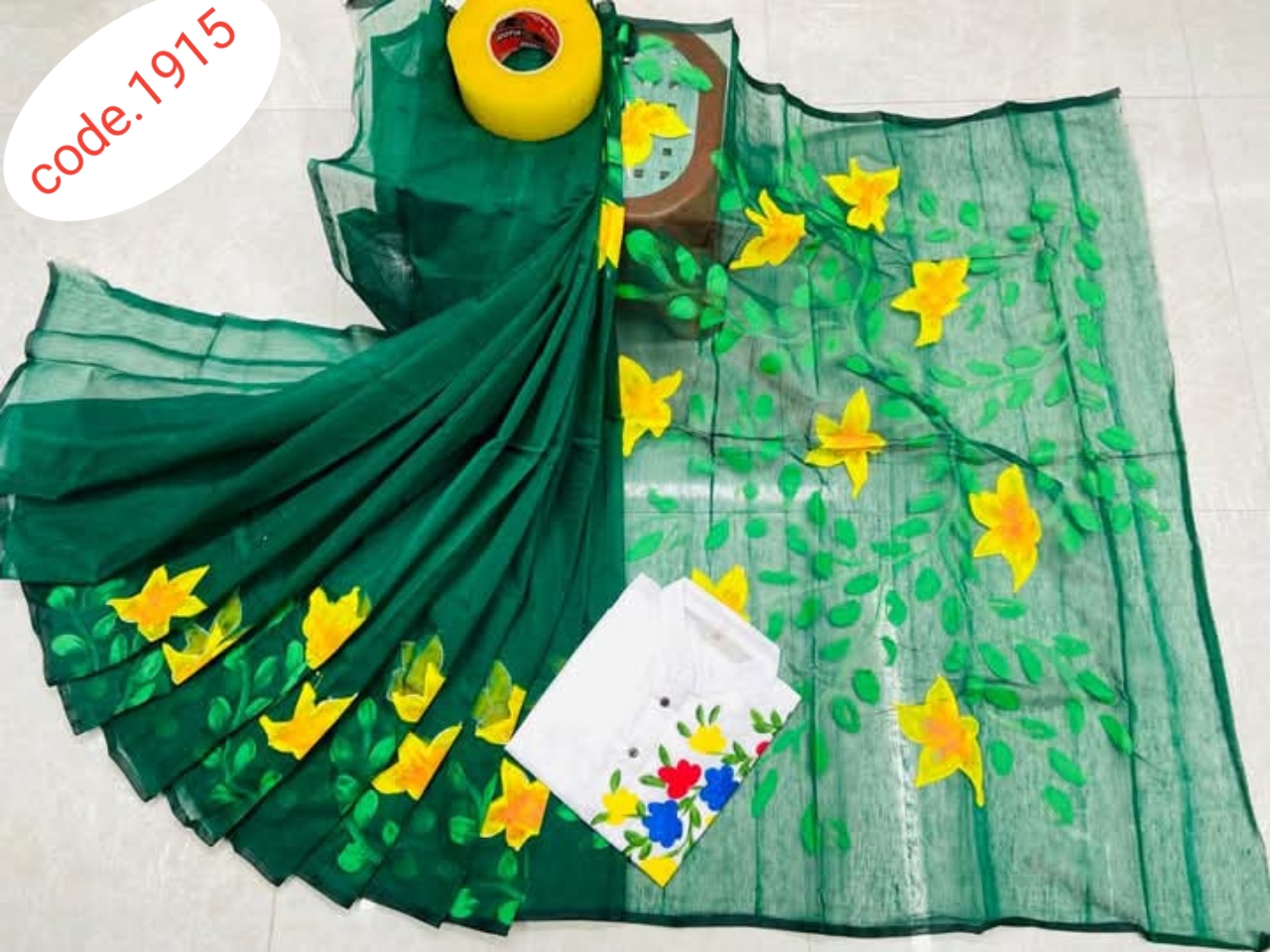 Hand Print saree with Punjabi couple set code 1915