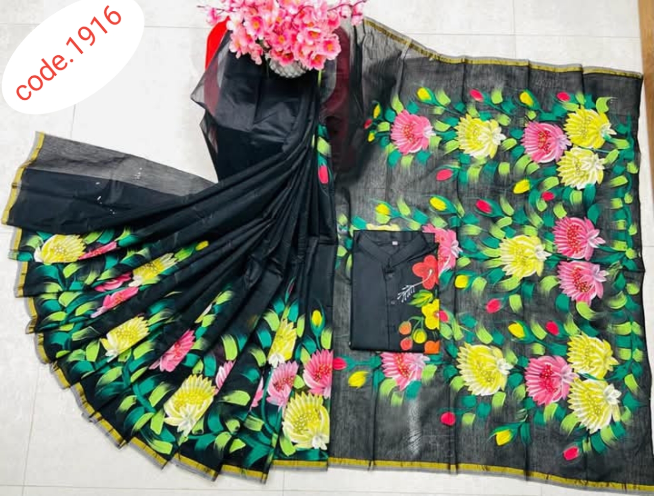 Hand Print saree with Punjabi couple set code 1916