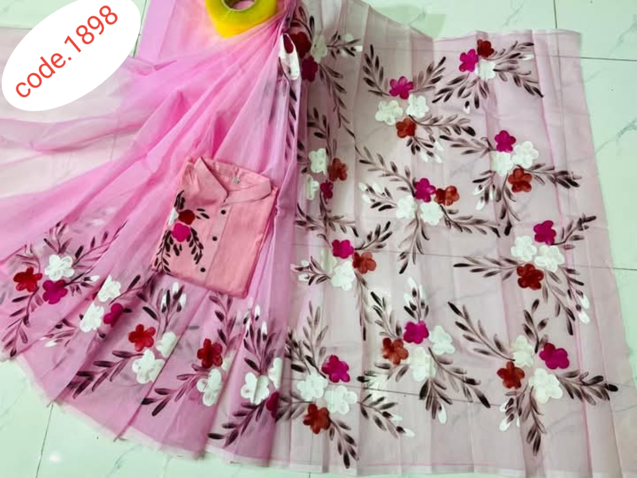 Hand Print saree with Punjabi couple set code 1898