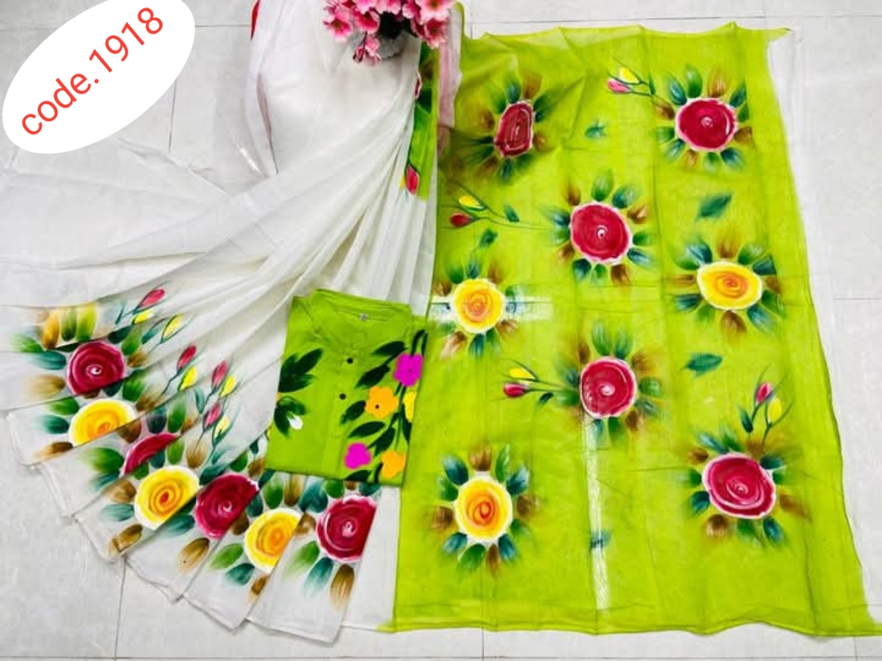 Hand Print saree with Punjabi couple set code 1918