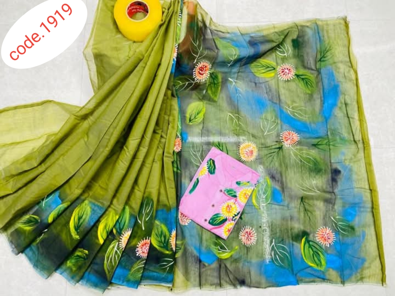 Hand Print saree with Punjabi couple set code 1919