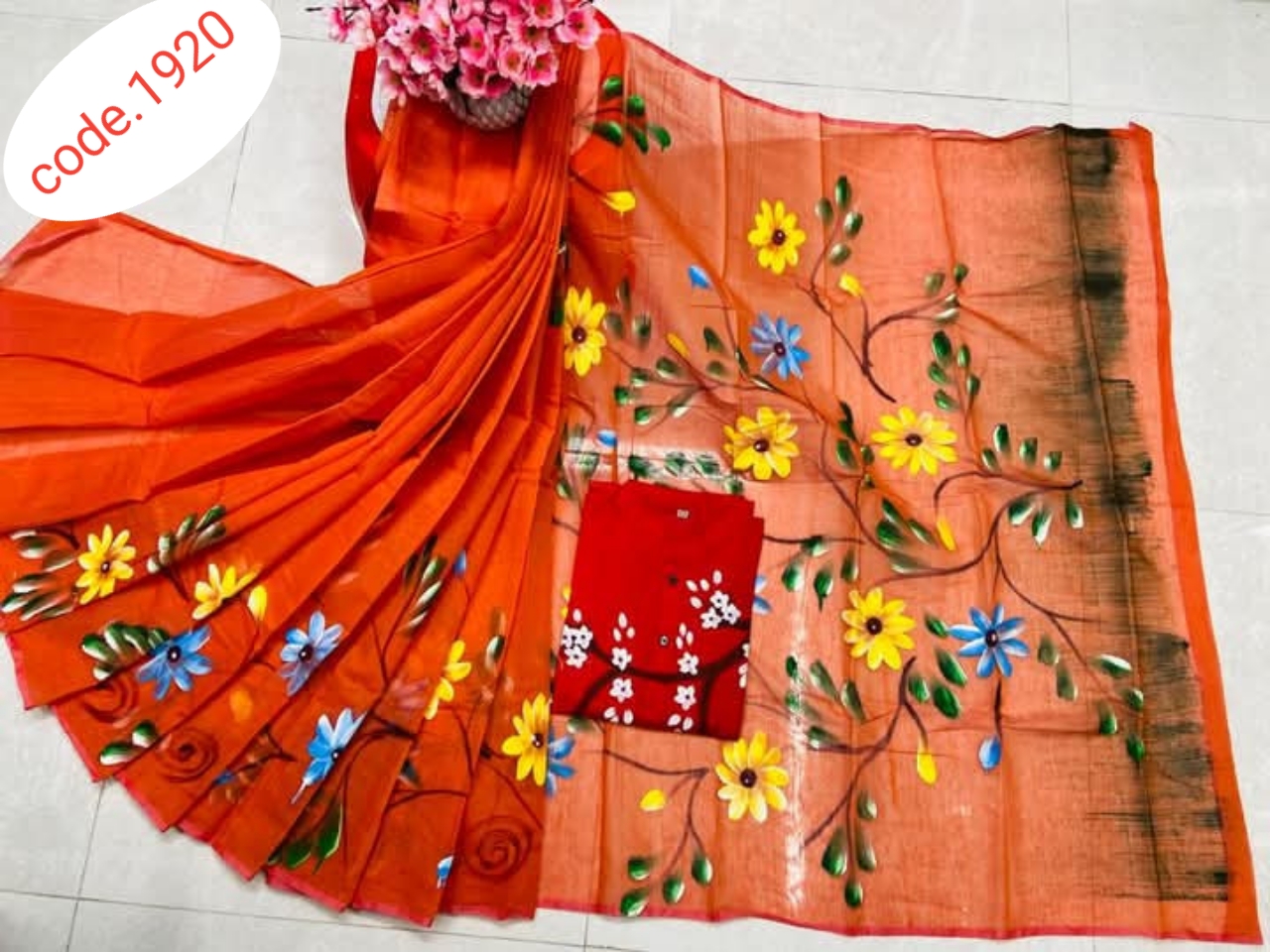 Hand Print saree with Punjabi couple set code 1920